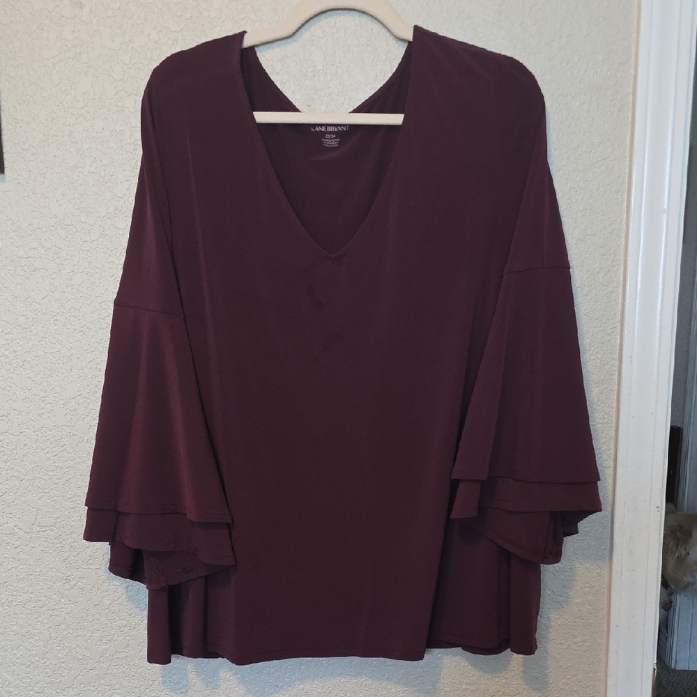 Lane Bryant Plum Layered Ruffle Sleeve V-Neck Top